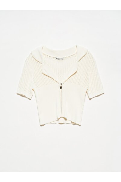 Dilvin 60187 Плетен кардиган с къс ръкав и цип - Екру