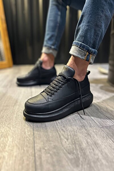 Rainon Store Black Leather Lace-up High Sole Men's Sports Shoes