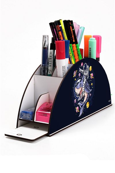 kutuTR Vip Astronaut and Space Rainbow - Wood, Desktop Pen Holder Organizer with Ruler, Assembled Box