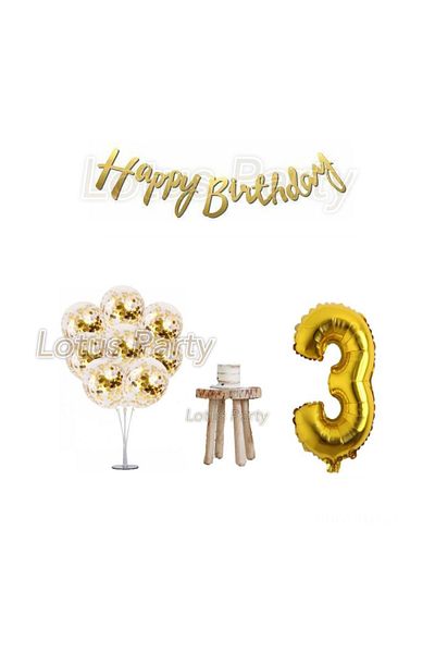 LOTUS PARTY Σετ γενεθλίων 3 ετών Gold Minimal Stand Balloon Gold Foil Balloon Gold Sequin Balloon Gold Happy Birthday