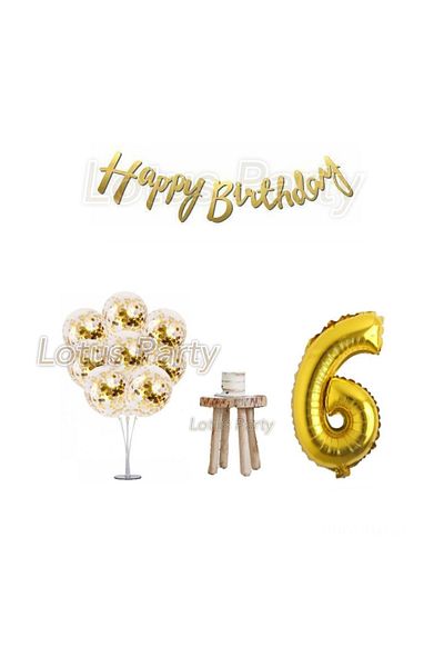 LOTUS PARTY Σετ γενεθλίων 6 ετών Gold Minimal Stand με μπαλόνι Χρυσό φύλλο μπαλόνι Χρυσό παγιέτες μπαλόνι Χρυσό Ευτυχισμένα γενέθλια