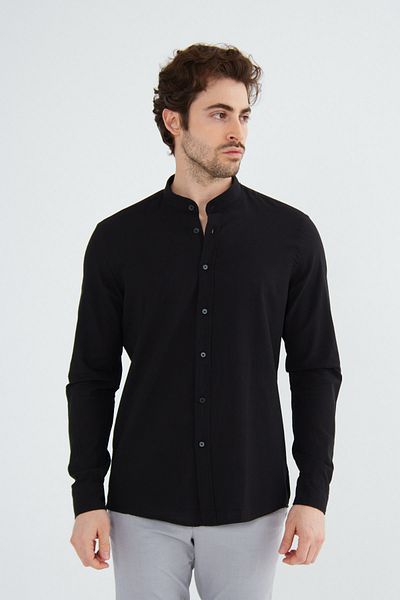 RAVANELLI Black Prevailing Collar Modern Slim Fit Linen Look Flam Long Sleeve Men's Shirt