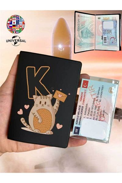 Cekuonline Cat Letter K Patterned Leather Passport Cover Case Smooth Surface Suitable for All Country Passports