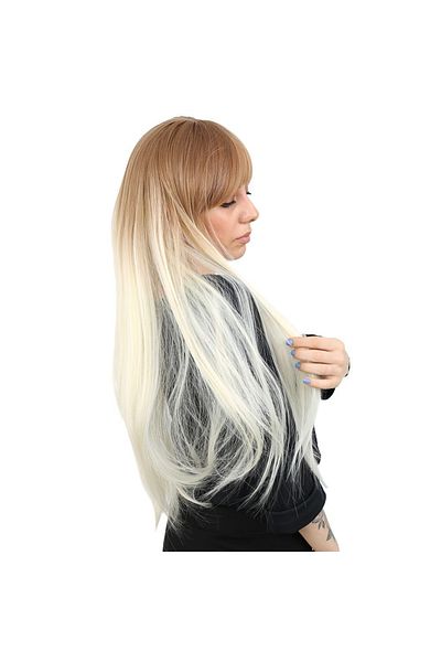 KONAK PERUK Long Synthetic Fiber Wig - Bangs, Honey Foam, Platinum Ombre