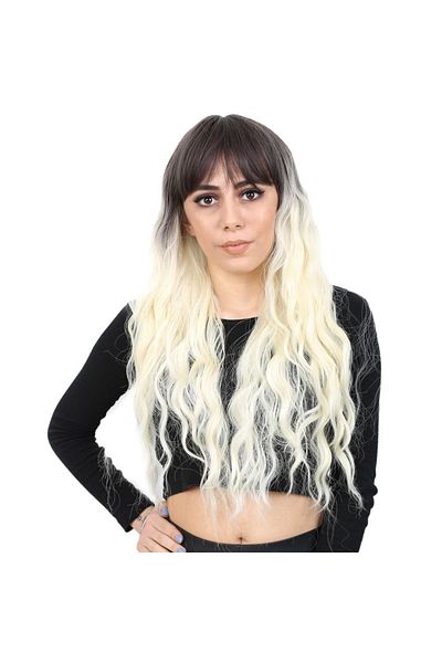 KONAK PERUK Long Water Wave Fiber Synthetic Wig with Perch - Ashy Black / Platinum Ombrel