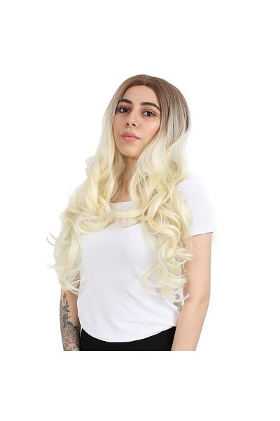 KONAK PERUK Fiber Synthetic Long Rivetless Wig - Dense Wavy, Auburn/Platinum Ombreli