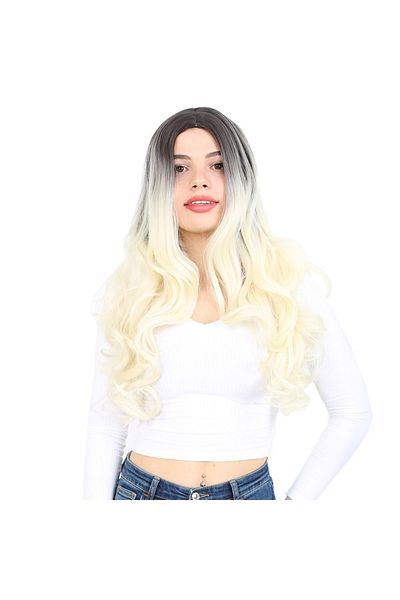 KONAK PERUK Dense Wavy Fiber Synthetic Long Rivetless Wig - Ashy Black / Platinum Ombreli
