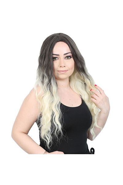 KONAK PERUK Long Fiber Synthetic Wig - Water Wave, Rivetless, Ashy Black / Platinum Ombreli