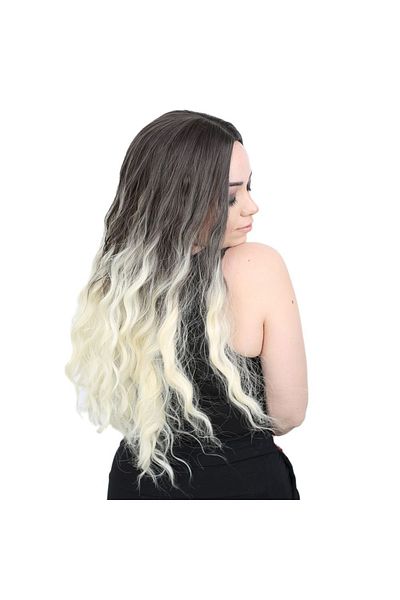 KONAK PERUK Long Fiber Synthetic Wig - Water Wave, Rivetless, Ashy Black / Platinum Ombreli
