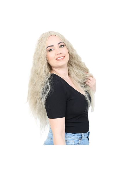 KONAK PERUK Fluffy Wavy Long Fiber Synthetic Wig - Honey Foam / Platinum Highlights