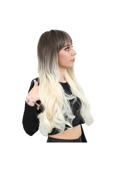 KONAK PERUK Long Wavy Bangs Fiber Wig - Light Brown/Platinum Ombreli