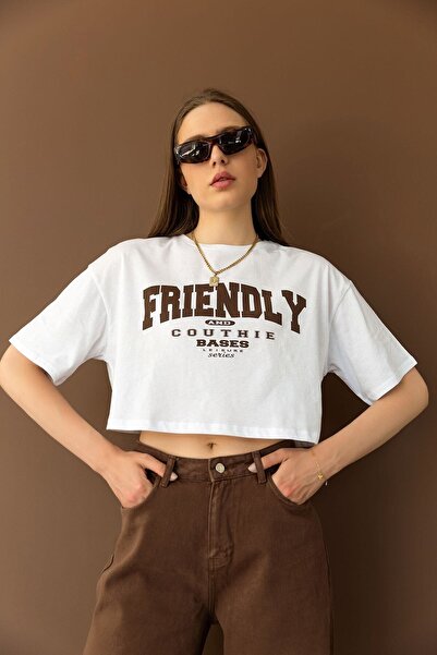 C&C OKULCUNUZ Cc Store Friendly Друкована біла кроп-футболка оверсайз