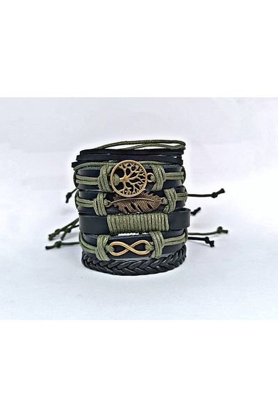 BSN Store Leaf Infinity Tree Antique Bronze Figured Black Leather Green String 6-Piece Genuine Leather Bracelet