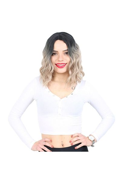 KONAK PERUK Fiber Synthetic Black Yellow Ombreli Non-Rivet Wig - Short Wavy Baby