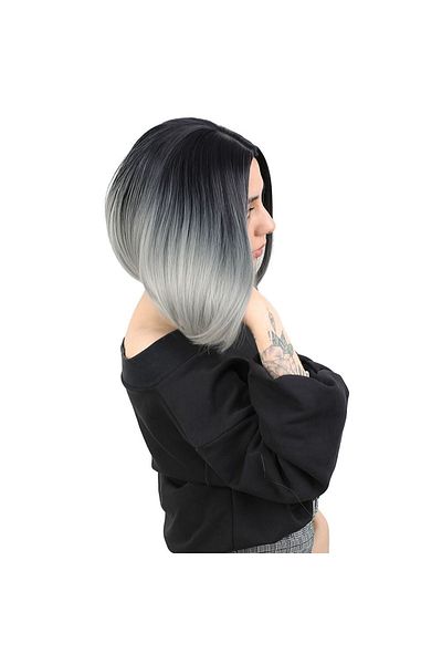 KONAK PERUK Black / Grey Ombreli Short Fiber Synthetic Wig Without Bangs