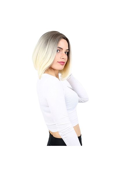 KONAK PERUK Short Fiber Synthetic Wig - Ashy Light Brown / Platinum Ombrel, No Bangs