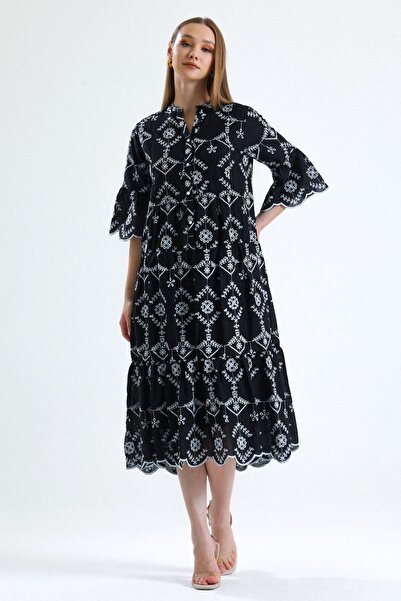 MD trend Women's Black Magnetic Collar Buttoned Lined Short Flounce Sleeve Wide Cut Embroidery Dress