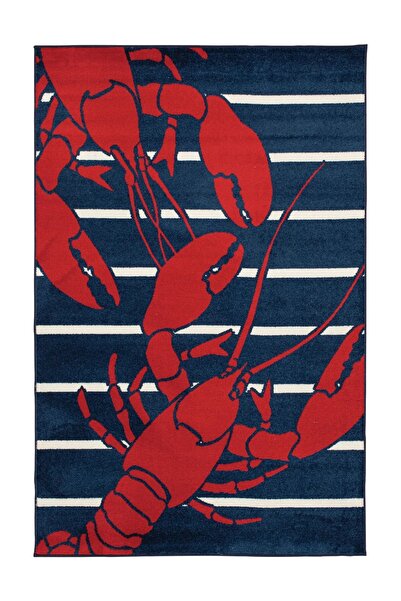 Rugs Modern Halı Συλλογή Θαλάσσιων Γιοτ Αστακός Ναυτικό Μπλε Κόκκινο Υφαντό Χ...