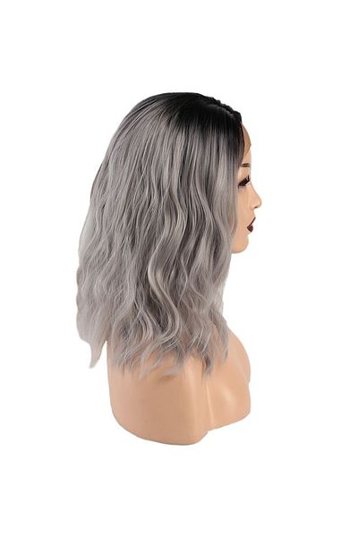 KONAK PERUK Black Gray Ombreli Short Tulle Wig - Fiber Synthetic Wavy
