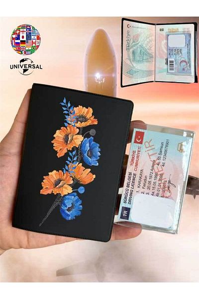 Cekuonline Blue Orange Bouquet Patterned Smooth Surface Leather Passport Cover Container Suitable for All Country Passports
