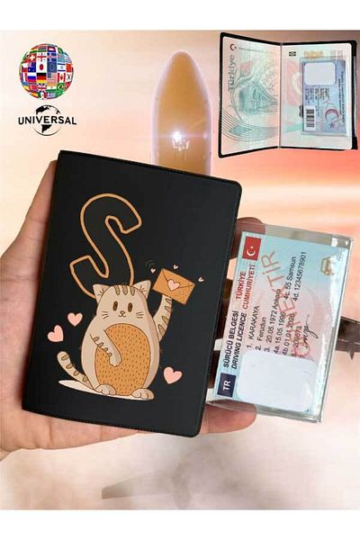 Cekuonline Letter S Patterned Leather Passport Cover with Cat Suitable for All Country Passports