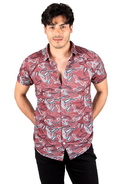 DeepSEA Men's Red Digital Printed Knitted Fabric Lycra Combed Cotton Shirt2306014