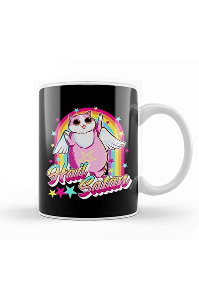 Baskı Dükkanı Cute Hail Satan Cat Rainbow Kitty Heavy Metal Mug Cup Porcelain