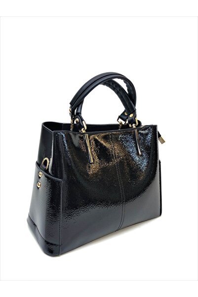 womenacs Kadın Siyah Parlak Rugan El ve Omuz Askılı Çanta