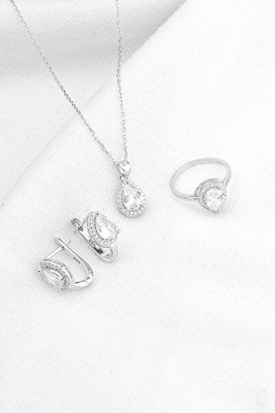 Silvano Jewelry 925 Ayar Gümüş Beyaz Taşlı Damla Takı Seti
