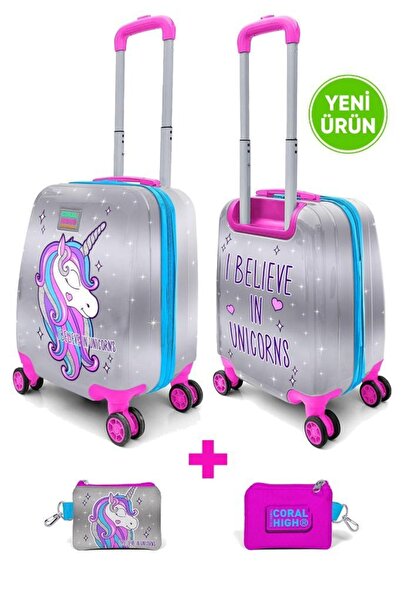 Coral High Pembe Gümüş Unicorn Desenli Çocuk Valizi 16728 Ve Bozuk Para Çanta...
