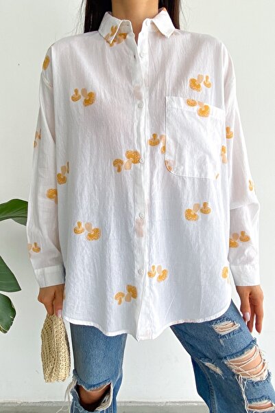 FEMELLE Kadın Sarı Yeni Sezon Mantar Nakış Işlemeli %100 Pamuk Geniş Kalıp Gö...