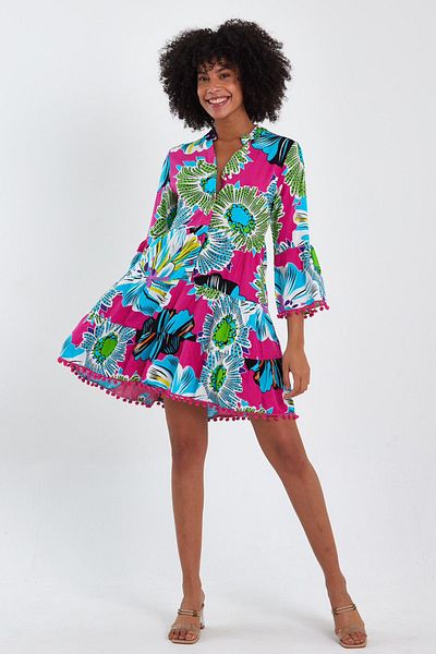 AYASOFYA OTANTIK Rochie de damă turcoaz fucsia cu imprimeu cu nasturi, cu mâneci spaniole, pompon, etnică autentică