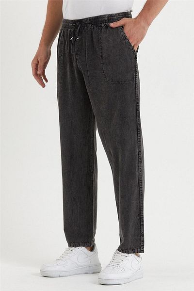 Tarz Cool Ανδρικό παντελόνι από λινό - Dark Smoke, Regular Fit, Lace-up - crepe1479r08s