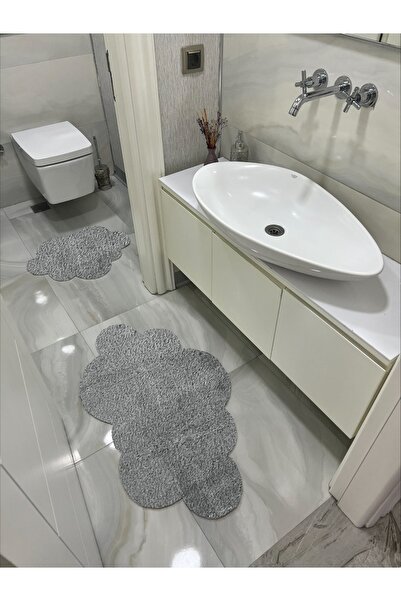 Shal&Shal 2-Piece Laser Cut Cloud Model Bath Mat Gray Plush Carpet