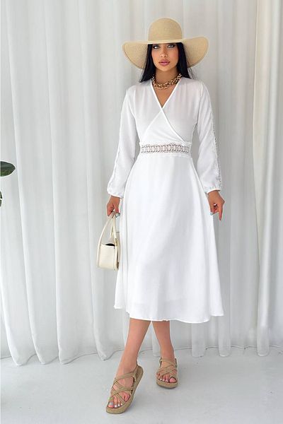 Neşeli Butik Γυναικείο φόρεμα αποφοίτησης με λεπτομέρειες από γκιπούρ Kklf11 - Λευκό