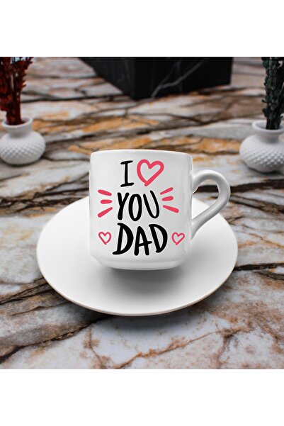 vegahediye v vega I Love You Dad Printed 2-Piece Turkish Coffee Cup & Metal Candle Gift Set Special Gift for Father's Day B2