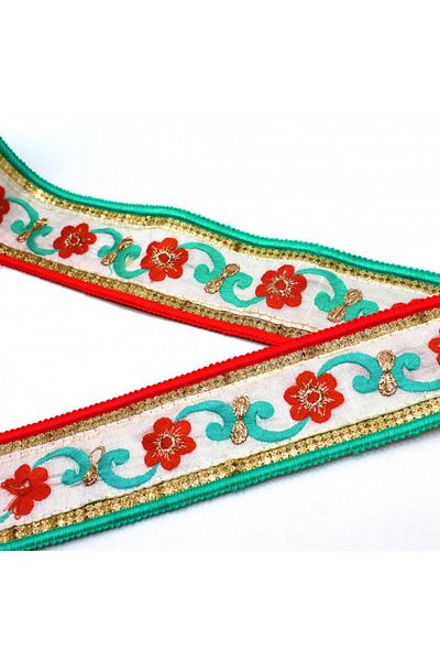 Turgut Brode Indian Handwork Ribbon with Flower Motif Red-turquoise