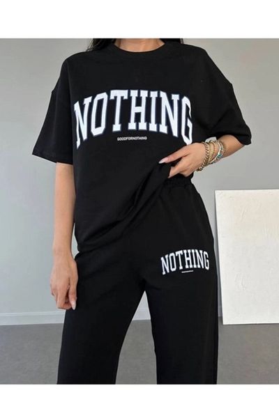 pandy Set de vară oversize negru cu imprimeu pentru femei
