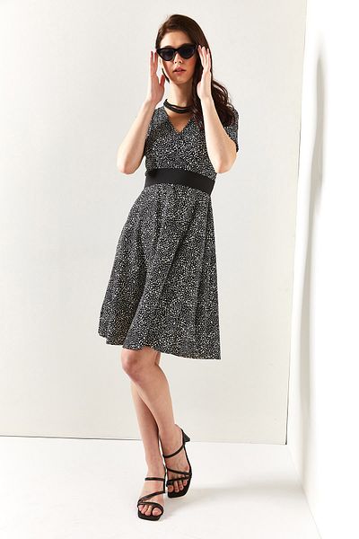 Olalook Women's Black Patterned Short Sleeve Double Breasted Flared Dress ELB-19001894