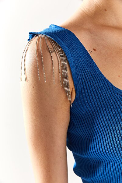 Olalook Rochie de tricotaj mini cu fantă garnită cu lanț de umeri indigo pentru femei ELB-19001905