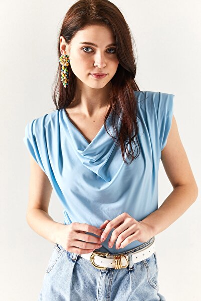 Olalook Women's Baby Blue Padded Collar Loose Blouse BLZ-19002217