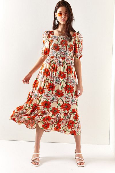 Olalook Women's Beige Orange Elastic Casual Woven Viscose Dress ELB-19001483