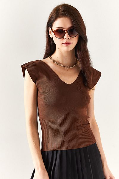 Olalook Bitter Brown Schulter- und Rock-detaillierte V-Strickbluse für Damen vorne und hinten BLZ-19002207