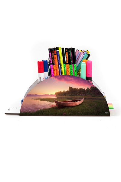 kutuTR Wooden Vip Landscape Rainbow Ruled Desktop Pen Holder Organizer with Assembled Box