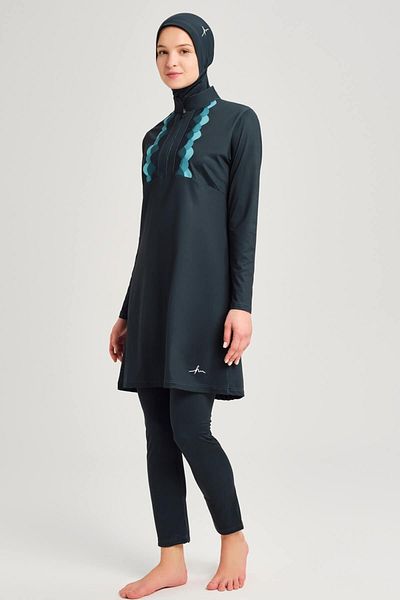 Haşema Λεπτομερές σετ μαγιό Hijab 5 τεμαχίων Green Lycra με κομμένο λέιζερ νερού