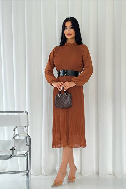 Neşeli Butik Жіноча сукня з підкладкою та поясом, з деталями у вигляді складок Kklf14 - Кереміт