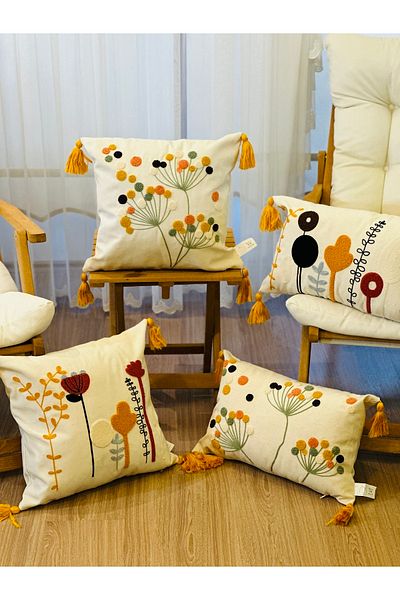 BUGİ HOME COLLECTİON 4-Piece Punch Embroidered Premium Embroidered Branch Flower Themed Decorative Throw Pillow Cover