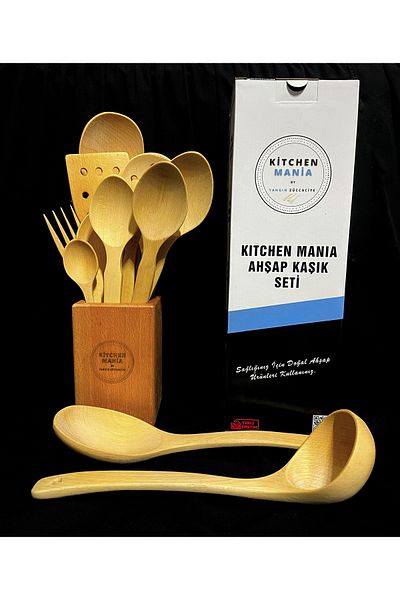 Kitchen Mania 14 Piece Premium Wooden Spoon Wooden Spatula Serving Ladle Wooden Fork Tongs Set - with Wooden Stand