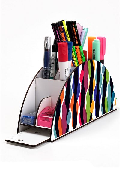 kutuTR Wooden Vip Colorful Models Desktop Pen Holder Organizer with Rainbow Ruler Assembled Box