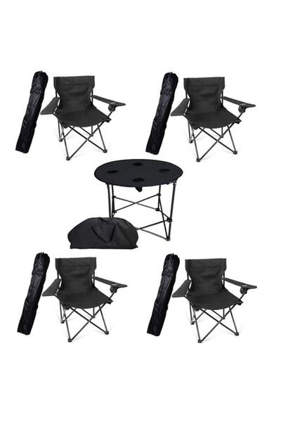 FOUR SEASON 4 Adet Siyah Katlanır Kamp Sandalyesi 1 Adet Masa Piknik Çantalı